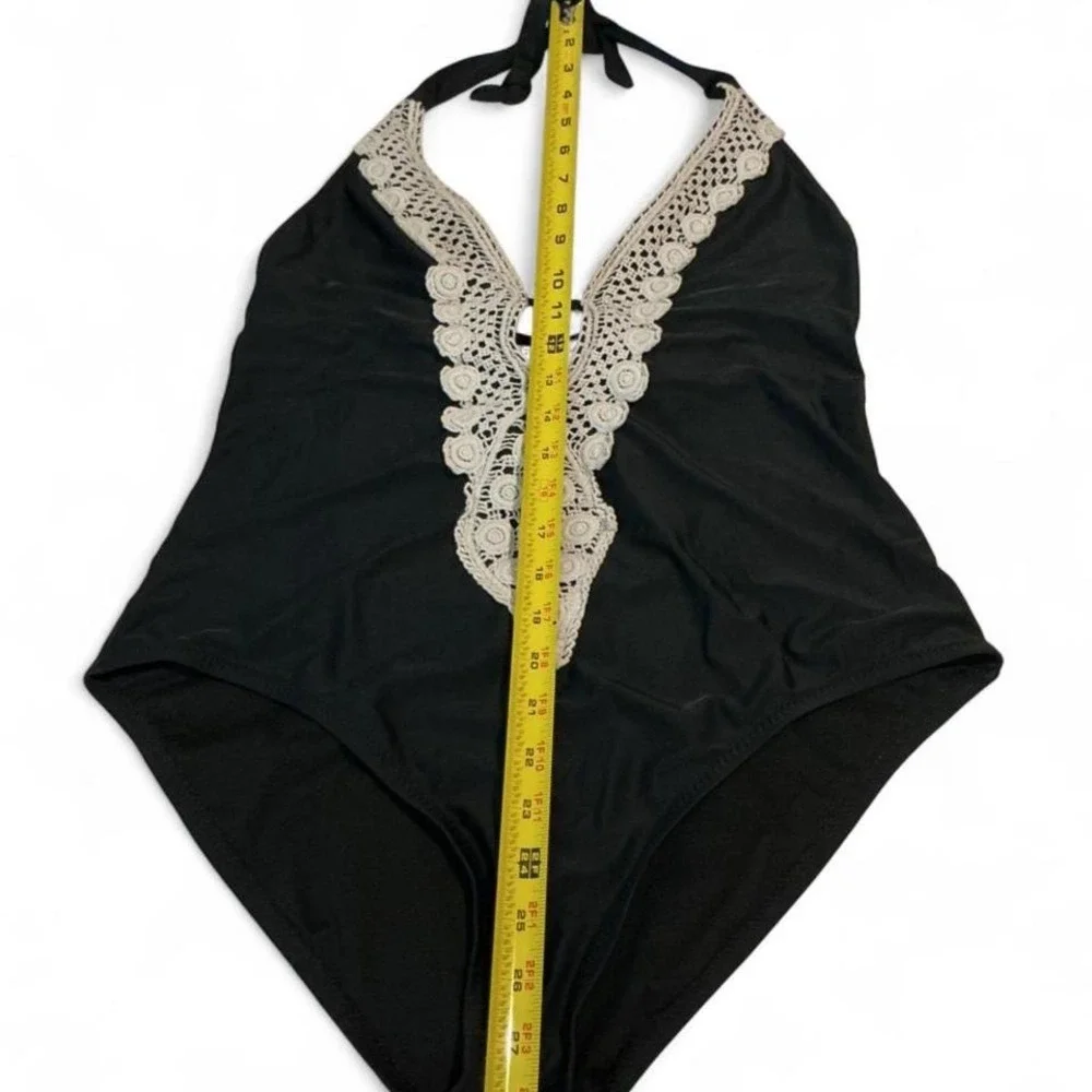 Kona Sol One Piece Swimsuit Women Large Black Crochet Halter V-Neck‎